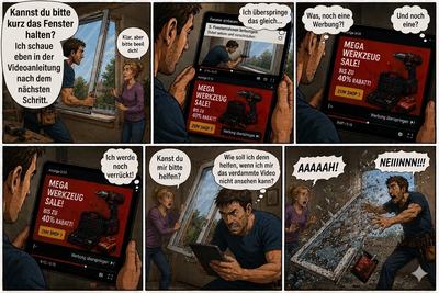 Comic: Fenstereinbau nach Videoanleitung, unterbrochen von Werbung (KI-generiert)