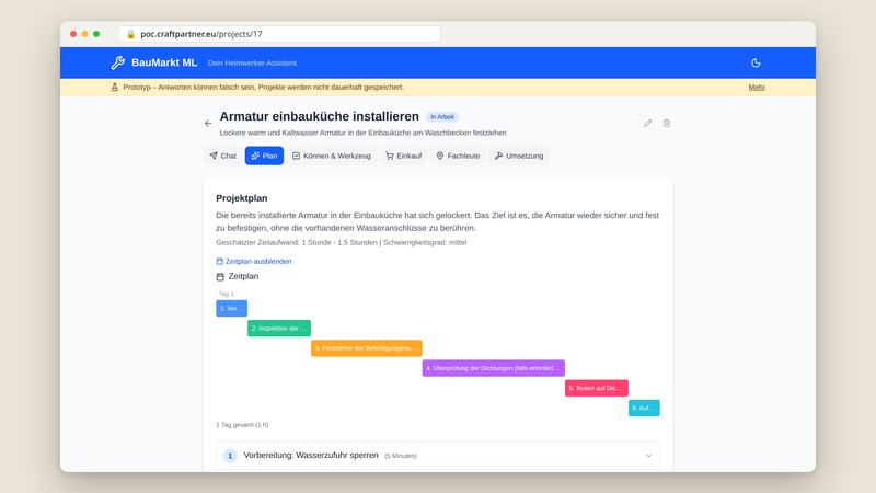 Der Prototyp: Projektplan mit Zeitplan für eine Küchenarmatur